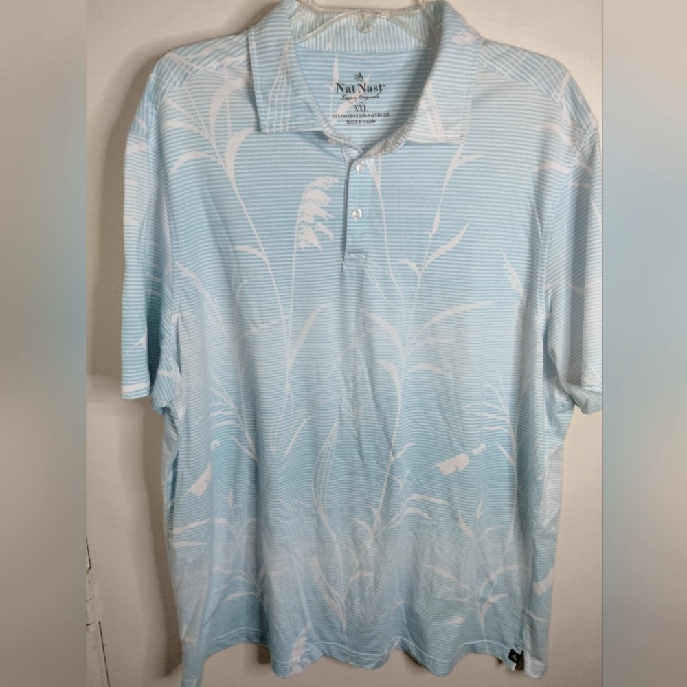 Nat Nast Luxury Originals (Size XXL) Men's Blue & White Leaf Print Polo Shirt